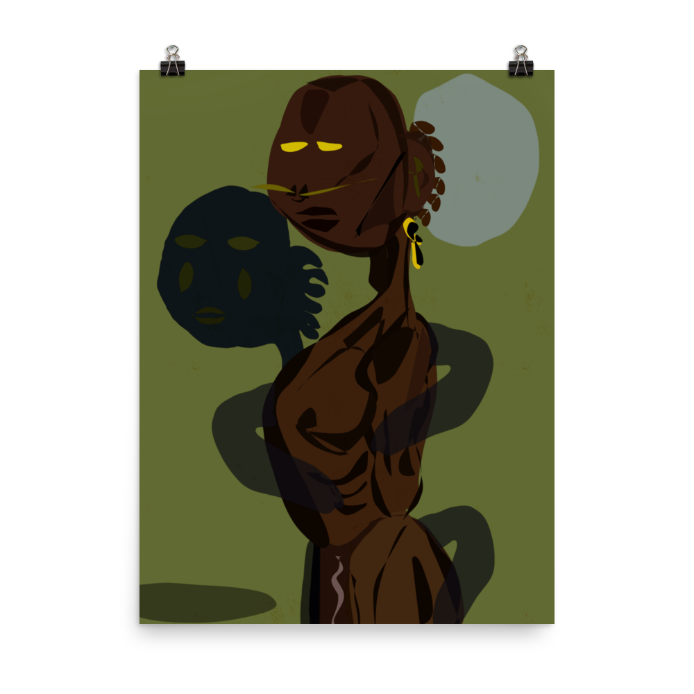 =alt « Illustration intitulée "Dyrcona" par Philippe Efe. Personnage de 3/4 face montrant seulement son buste, appartenant à une tribu africaine, avec des yeux jaunes, un corps saillant, et des piercings aux oreilles et au nez une ombre  attaché à sa  taille comme un enfant , sur fond vert. »
