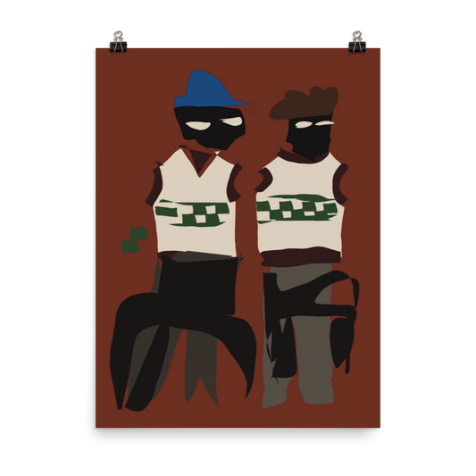 Alt=« Illustration pop art intitulée "Les Jacquardises" par Philippe Efe. Deux personnages debout derrière des chaises abstraites, l'un avec une casquette bleue et l'autre avec un béret. Ils portent des polos sans manches en Jacquard vert et n'ont pas de bras. »
