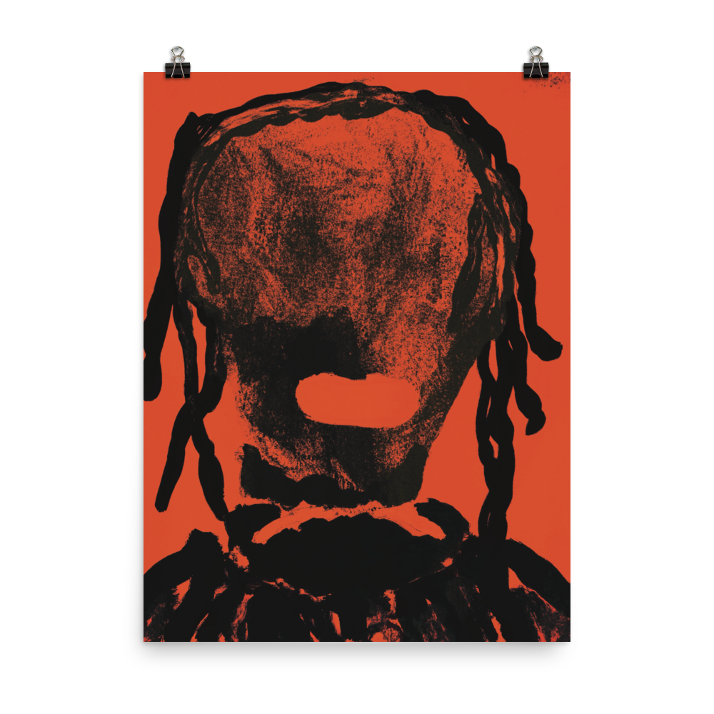 alt="impression d'art pop art rouge et noir d'un personnage afro avec des tresses un foulard autour du cou, effet texturé et d'encre de chine bien que digitale."