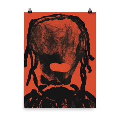 alt="impression d'art pop art rouge et noir d'un personnage afro avec des tresses un foulard autour du cou, effet texturé et d'encre de chine bien que digitale."