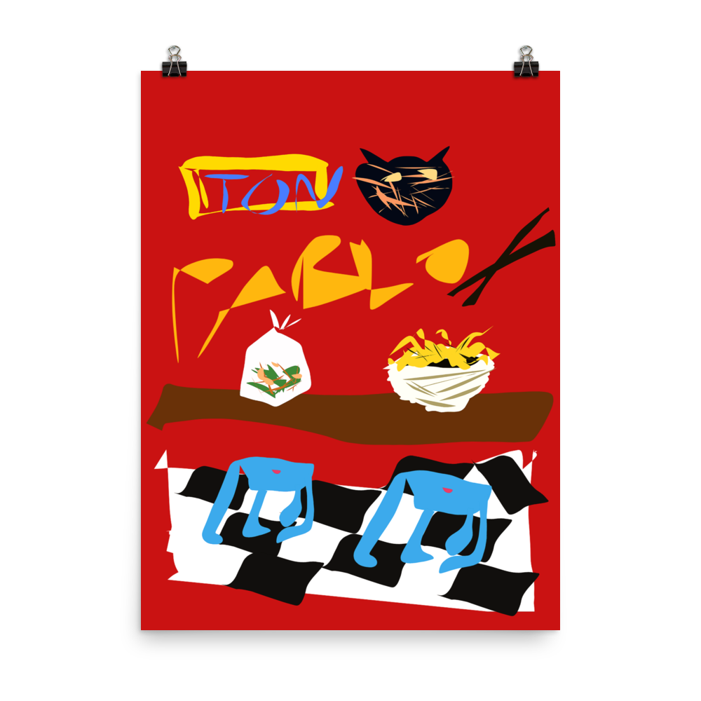 Alt=« Illustration intitulée "Red Tiger" par Philippe Efe. Table avec une salade de papaye dans un plastique et un bol de ramen, tabourets bleus, carrelage noir et blanc, tête de tigre en arrière-plan et "Pablo" écrit sur fond rouge. Hommage au restaurant Le Red Tiger à Montréal. »