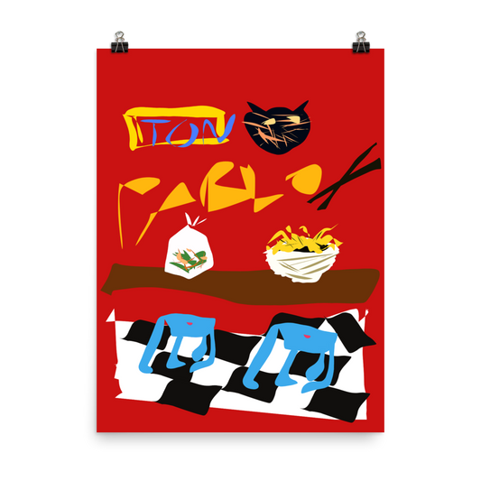 Alt=« Illustration intitulée "Red Tiger" par Philippe Efe. Table avec une salade de papaye dans un plastique et un bol de ramen, tabourets bleus, carrelage noir et blanc, tête de tigre en arrière-plan et "Pablo" écrit sur fond rouge. Hommage au restaurant Le Red Tiger à Montréal. »