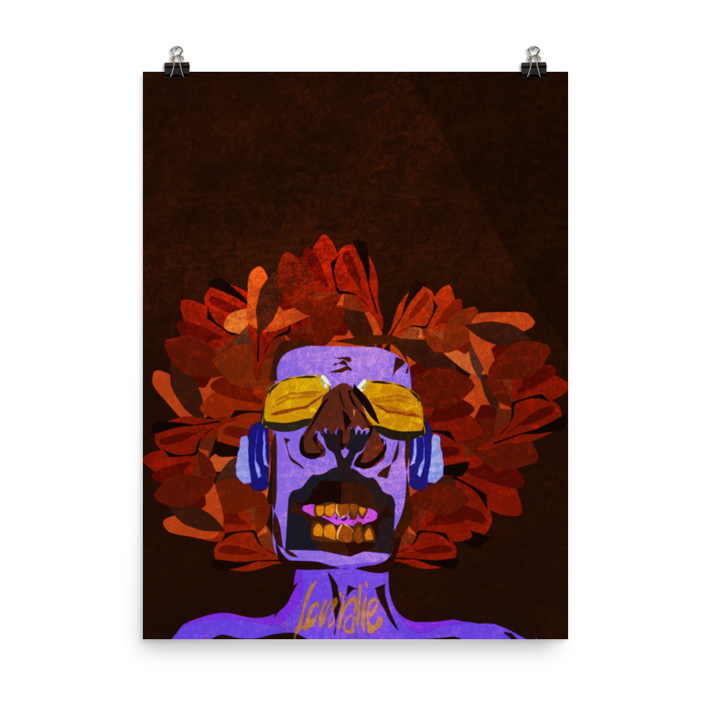 alt="Illustration pop art de Philippe Efe intitulée 'Burdie Mc Fly' représentant un personnage aux cheveux afro orangés, lunettes de soleil jaunes regardant vers le ciel avec un casque de musique et un tatouage sur le cou inscrit 'burdie', peau violette, ressemblant à Jimi Hendrix"