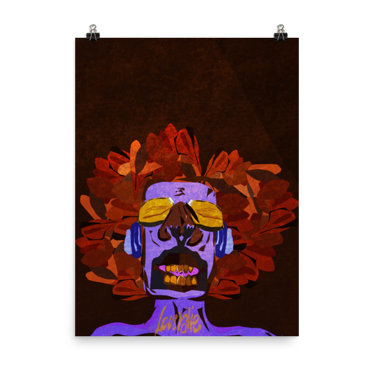 alt="Illustration pop art de Philippe Efe intitulée 'Burdie Mc Fly' représentant un personnage aux cheveux afro orangés, lunettes de soleil jaunes regardant vers le ciel avec un casque de musique et un tatouage sur le cou inscrit 'burdie', peau violette, ressemblant à Jimi Hendrix"