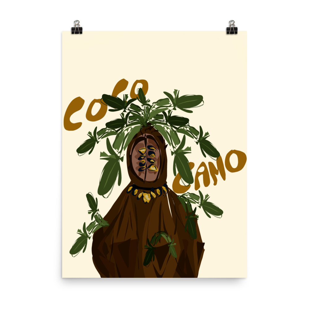 alt="Illustration pop art de Philippe Efe intitulée 'Coco Camo' représentant un personnage camouflé en noix de coco avec une grande cape, ornements dorés autour du cou et sur le visage, et des feuilles de palmiers poussant sur la tête et le corps, style pop art"