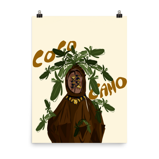 alt="Illustration pop art de Philippe Efe intitulée 'Coco Camo' représentant un personnage camouflé en noix de coco avec une grande cape, ornements dorés autour du cou et sur le visage, et des feuilles de palmiers poussant sur la tête et le corps, style pop art"
