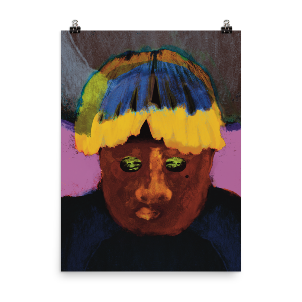 alt="illustration style pop art d'un personnage afro et d'une coupe au bol dans le style de tyler the creator et son album igor. Son regard pointe vers le sol grain de beauté sous l'oeil. Fond rose et teinte de gris."