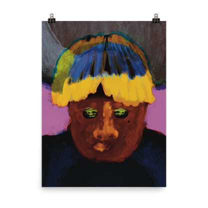 alt="illustration style pop art d'un personnage afro et d'une coupe au bol dans le style de tyler the creator et son album igor. Son regard pointe vers le sol grain de beauté sous l'oeil. Fond rose et teinte de gris."