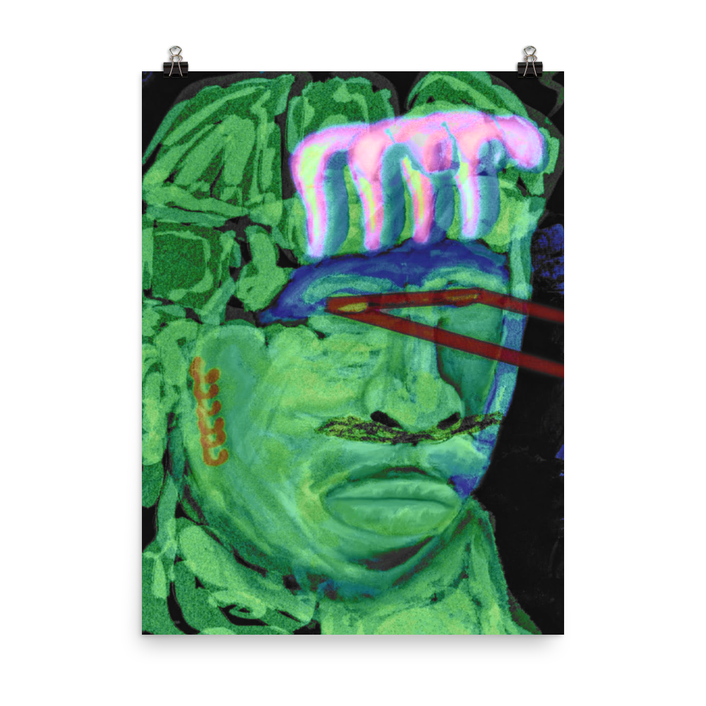 alt="portrait d'un pharaon cosmique afro au visage incandescent vert avec des boucles d'oreilles et envoyant des lasers avec ses yeux, dans un style popart reference a lalbum kanye west."