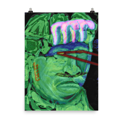 alt="portrait d'un pharaon cosmique afro au visage incandescent vert avec des boucles d'oreilles et envoyant des lasers avec ses yeux, dans un style popart reference a lalbum kanye west."