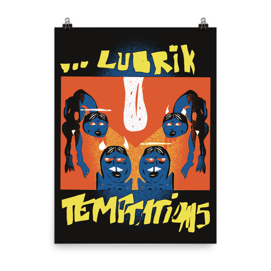 =alt « Illustration pop art intitulée "jnouns" par Philippe Efe. Deux personnages aux corps bleus, l'un avec des cornes et l'autre avec une auréole, influencés par des anges inversés. Le fond rouge vif contraste avec les halos lumineux des anges, créant une tension visuelle intense. »