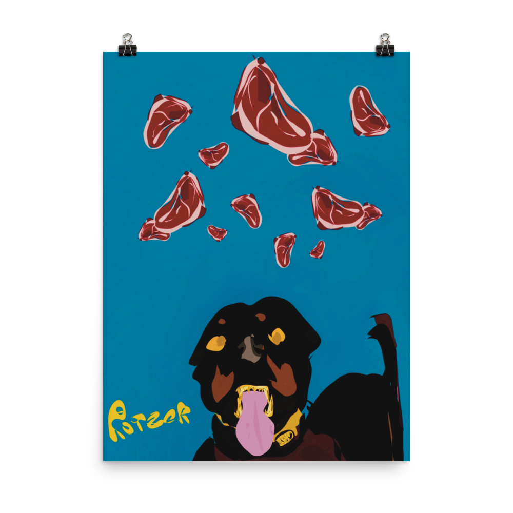 Alt=« Illustration pop art intitulée "Rotzer" par Philippe Efe. Un rottweiler avec des grillz dorés et la langue pendue, regardant sept pièces de viande en lévitation sur fond bleu. »