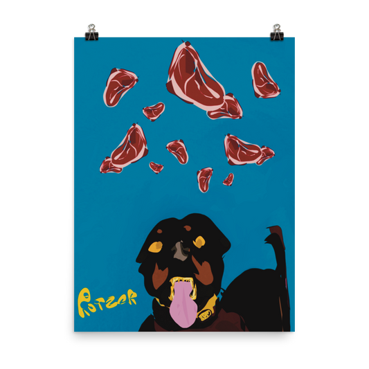 Alt=« Illustration pop art intitulée "Rotzer" par Philippe Efe. Un rottweiler avec des grillz dorés et la langue pendue, regardant sept pièces de viande en lévitation sur fond bleu. »