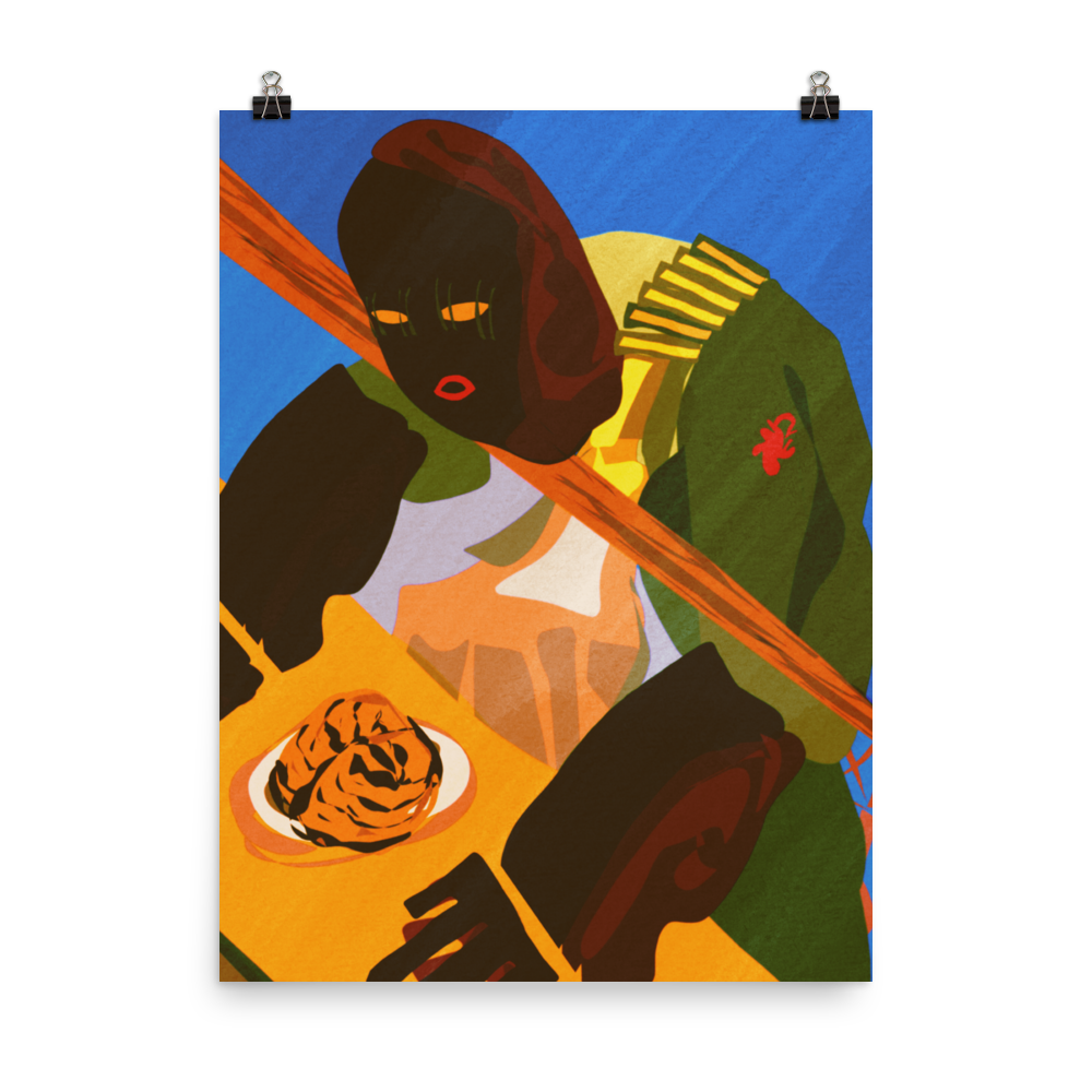 alt="Illustration pop art de Philippe Efe intitulée 'The Brain Meal Service' montrant des mercenaires confus regardant une assiette contenant un cerveau, bras tendus sur le comptoir, avec des couleurs bleu, rouge et jaune orangé" 