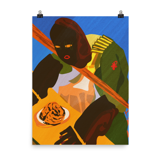 alt="Illustration pop art de Philippe Efe intitulée 'The Brain Meal Service' montrant des mercenaires confus regardant une assiette contenant un cerveau, bras tendus sur le comptoir, avec des couleurs bleu, rouge et jaune orangé" 